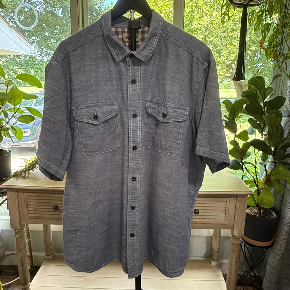 Woolrich Mens XXL Blue Chambray Short Sleeve Button Down Shirt Cotton Workwear